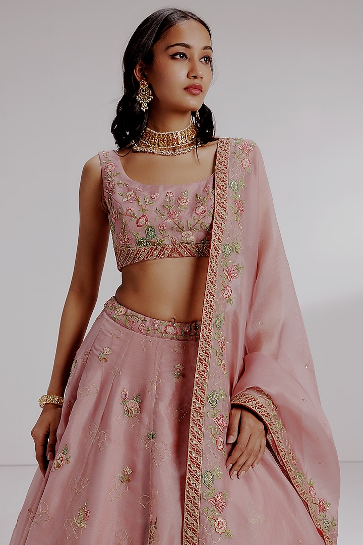 Pink Pure Silk Organza Hand Embroidered Wedding Lehenga Set by Taisha at Pernia's Pop Up Shop
