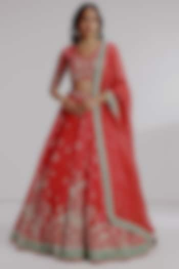 Red Pure Silk Organza Hand Embroidered Wedding Lehenga Set by Taisha at Pernia's Pop Up Shop