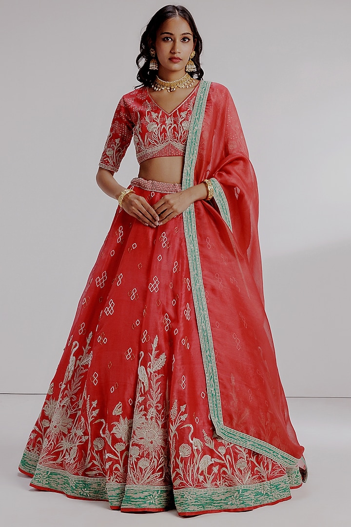 Red Pure Silk Organza Hand Embroidered Wedding Lehenga Set by Taisha at Pernia's Pop Up Shop