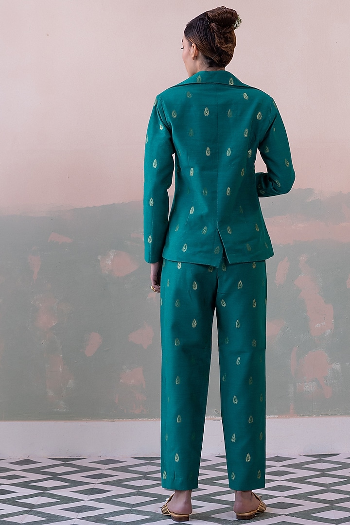 Peacock Green Pure Moonga Silk Blazer Set by Taisha at Pernia's Pop Up Shop