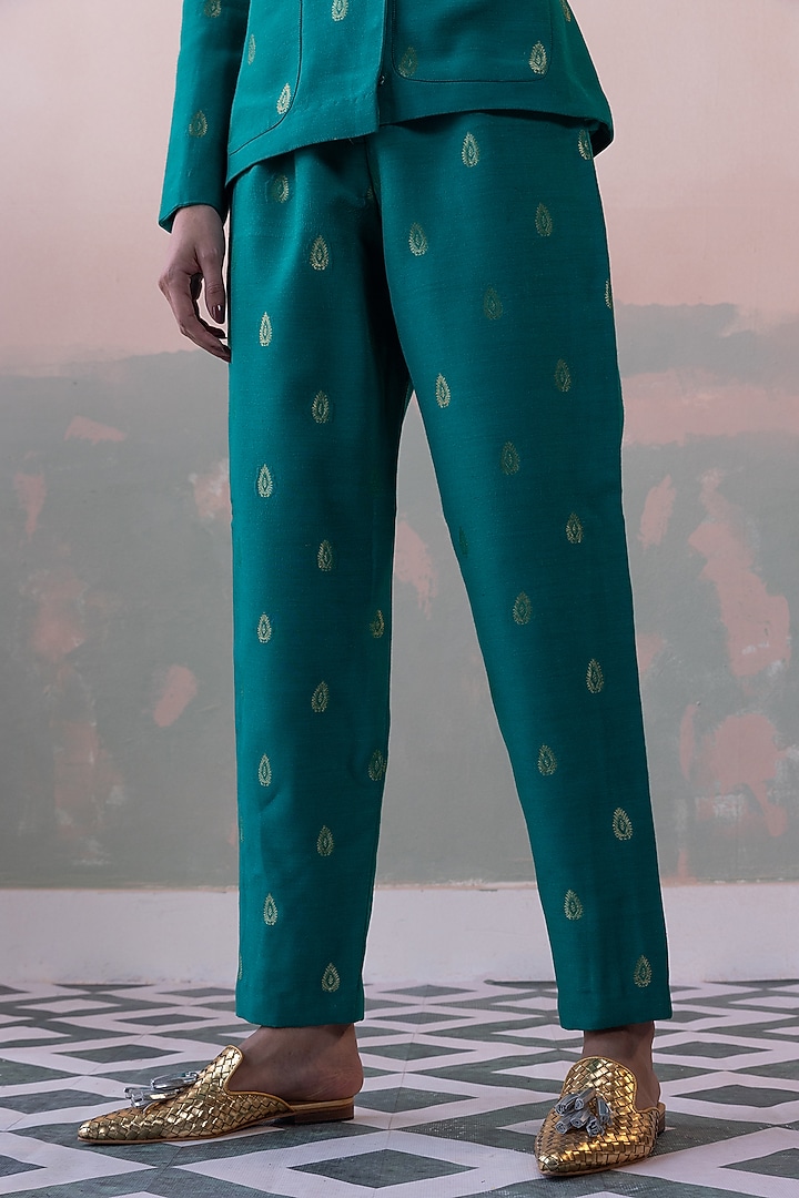 Peacock Green Pure Moonga Silk Blazer Set by Taisha at Pernia's Pop Up Shop