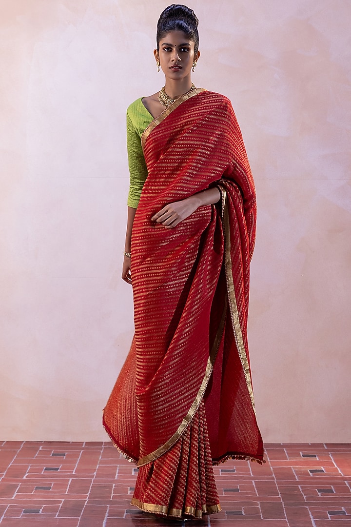 Multi-Colored Pure Silk Satin Handwoven Wedding Saree Set by Taisha at Pernia's Pop Up Shop