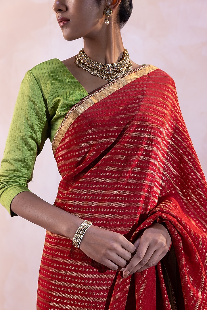 Multi-Colored Pure Silk Satin Handwoven Wedding Saree Set by Taisha at Pernia's Pop Up Shop
