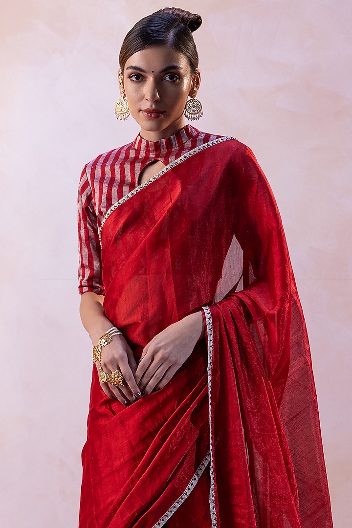 Red Zari Tissue Handwoven Party Wear Saree Set by Taisha at Pernia's Pop Up Shop