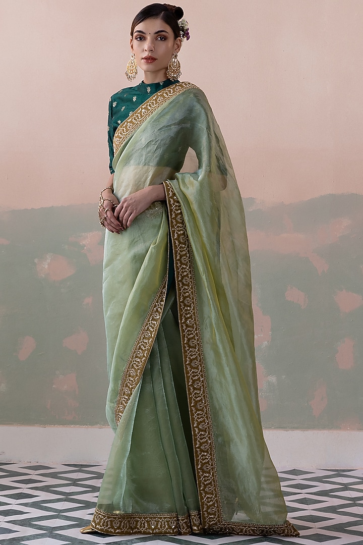 Green Pure Tissue Silk Embroidered Wedding Saree Set by Taisha at Pernia's Pop Up Shop