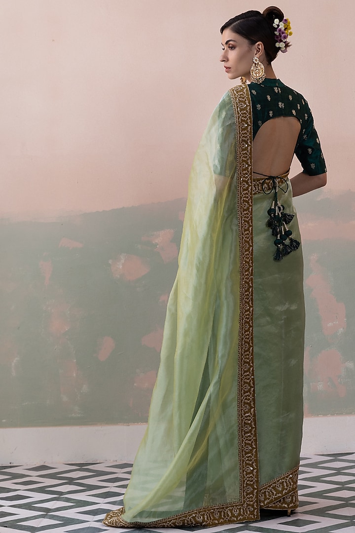 Green Pure Tissue Silk Embroidered Wedding Saree Set by Taisha at Pernia's Pop Up Shop