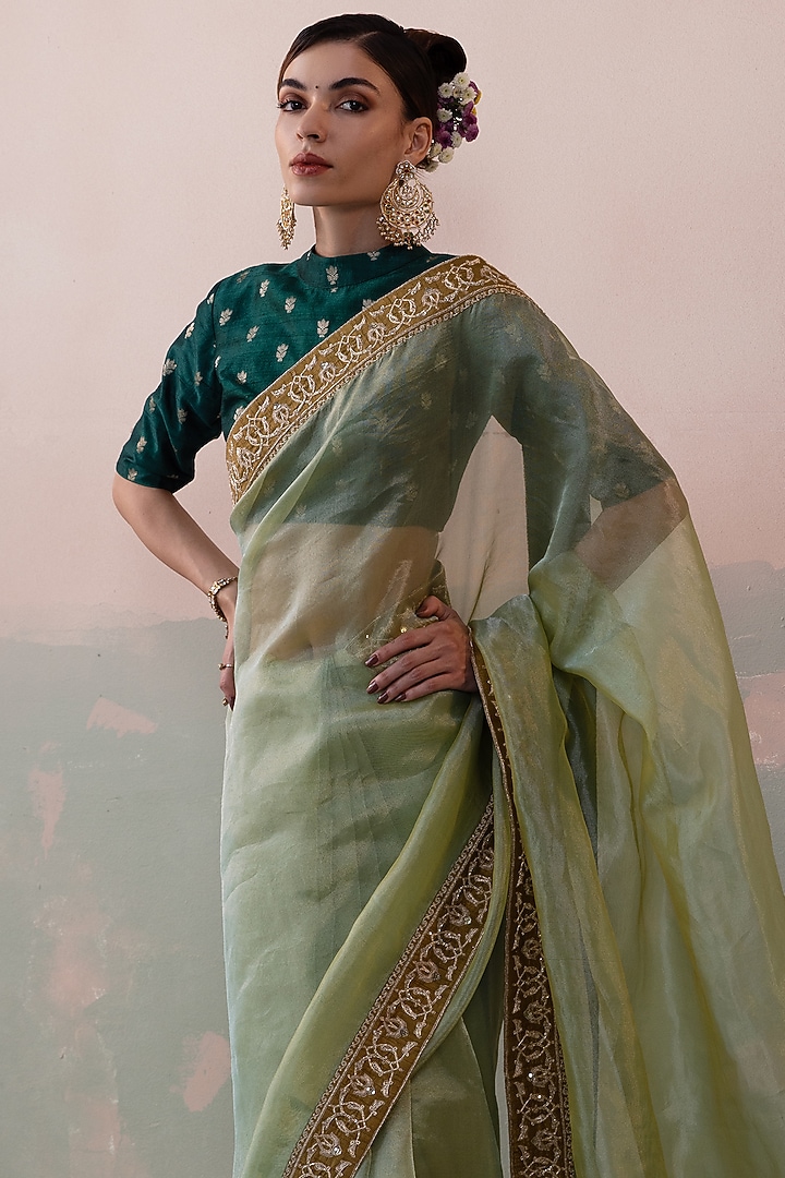 Green Pure Tissue Silk Embroidered Wedding Saree Set by Taisha at Pernia's Pop Up Shop