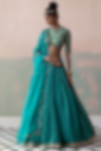 Peacock Green Pure Moonga Silk Embroidered Wedding Lehenga Set by Taisha at Pernia's Pop Up Shop