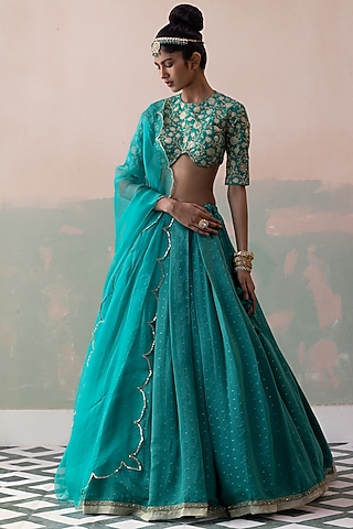 Peacock Green Pure Moonga Silk Embroidered Lehenga Set by Taisha