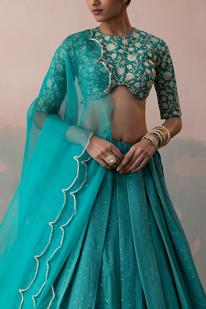 Peacock Green Pure Moonga Silk Embroidered Wedding Lehenga Set by Taisha at Pernia's Pop Up Shop