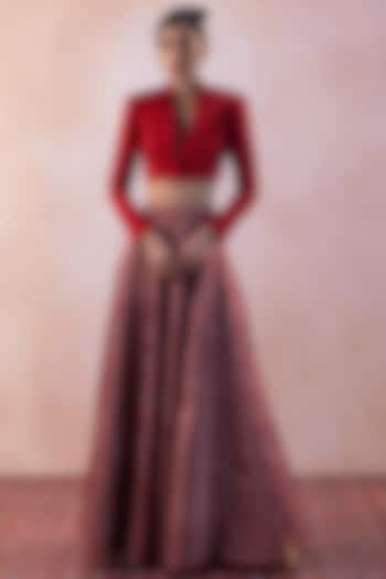Red Pure Zari Tissue Handwoven Wedding Lehenga Set by Taisha at Pernia's Pop Up Shop
