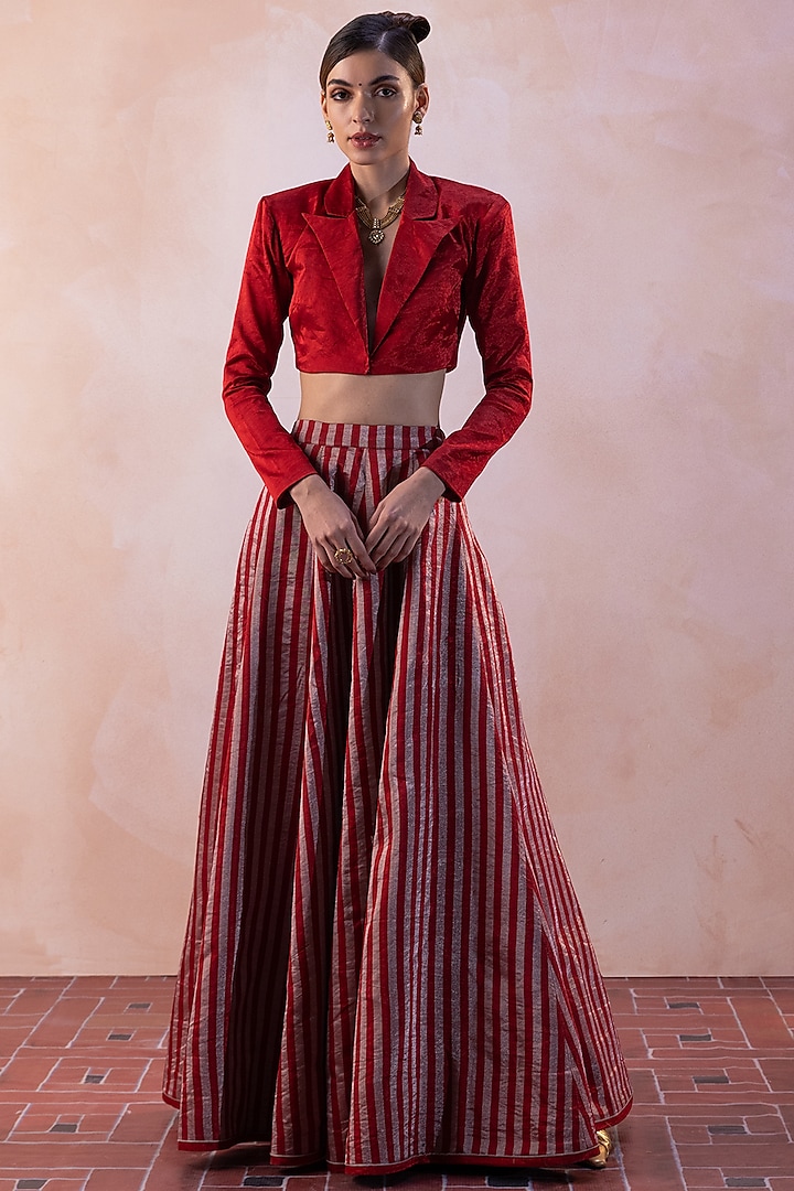 Red Pure Zari Tissue Handwoven Wedding Lehenga Set by Taisha at Pernia's Pop Up Shop