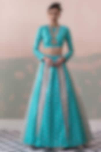 Teal Pure Raw Silk Handwoven Wedding Lehenga Set by Taisha at Pernia's Pop Up Shop