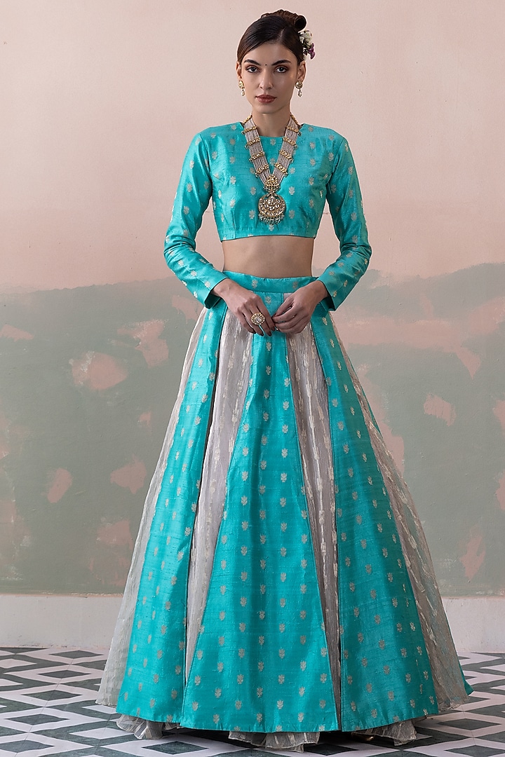 Teal Pure Raw Silk Handwoven Wedding Lehenga Set by Taisha at Pernia's Pop Up Shop