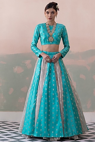 Teal Pure Raw Silk Handwoven Lehenga Set by Taisha