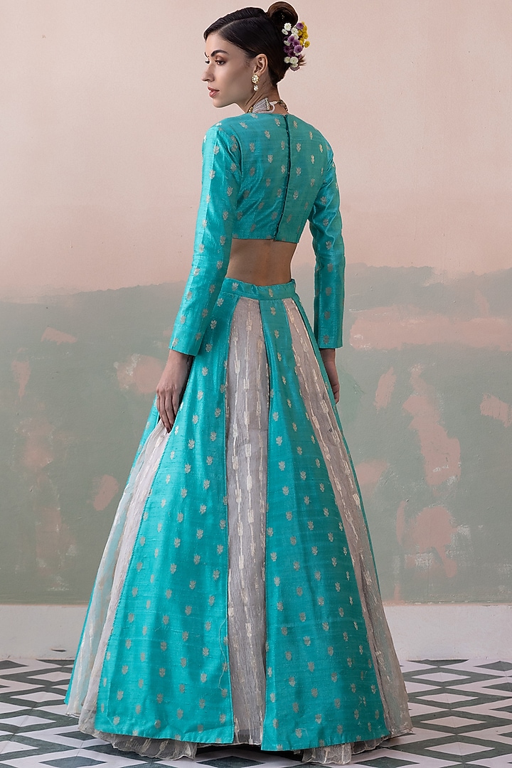 Teal Pure Raw Silk Handwoven Wedding Lehenga Set by Taisha at Pernia's Pop Up Shop