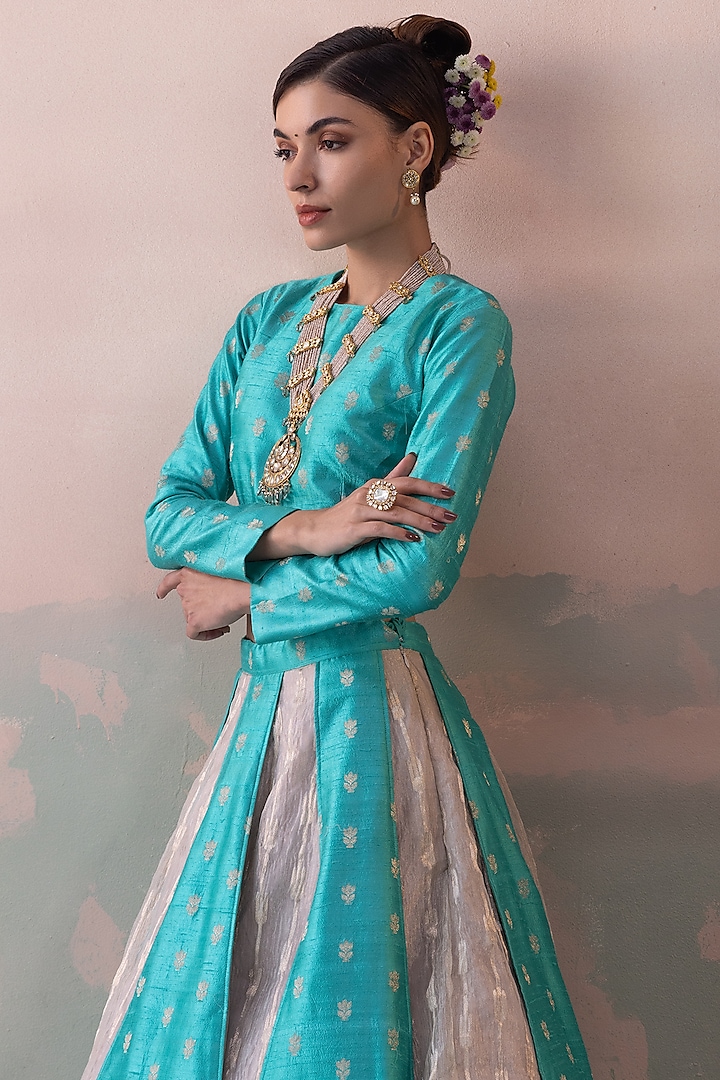 Teal Pure Raw Silk Handwoven Wedding Lehenga Set by Taisha at Pernia's Pop Up Shop