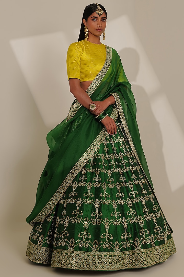 Green Pure Raw Silk Embroidered Bridal Lehenga Set by Taisha at Pernia's Pop Up Shop