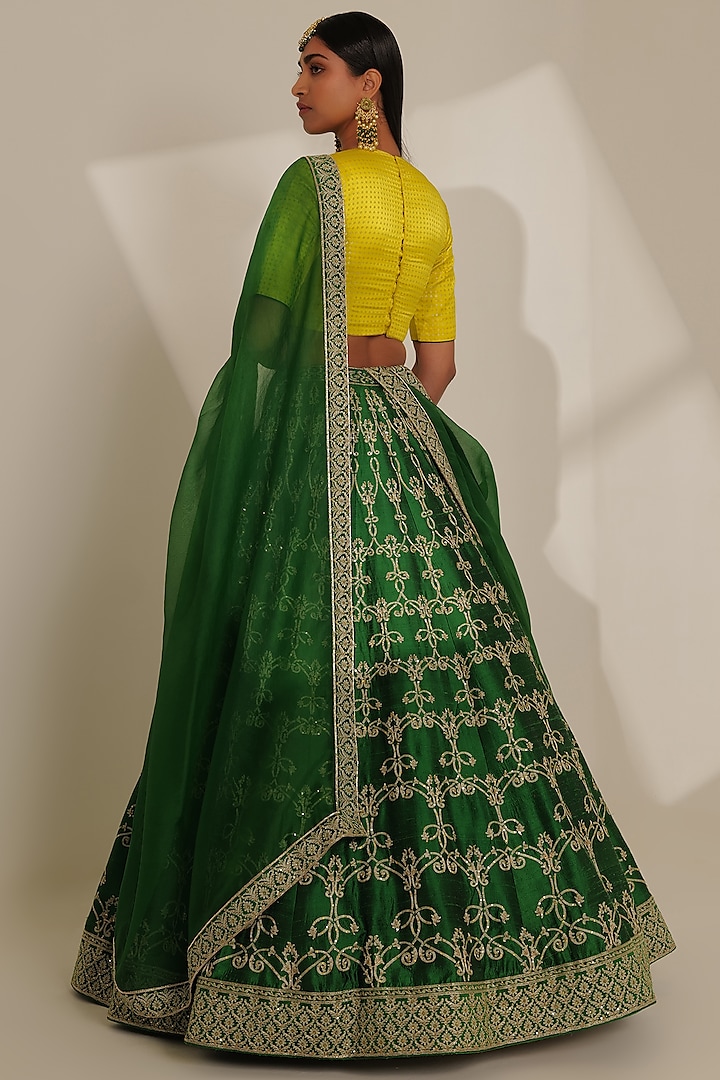 Green Pure Raw Silk Embroidered Bridal Lehenga Set by Taisha at Pernia's Pop Up Shop