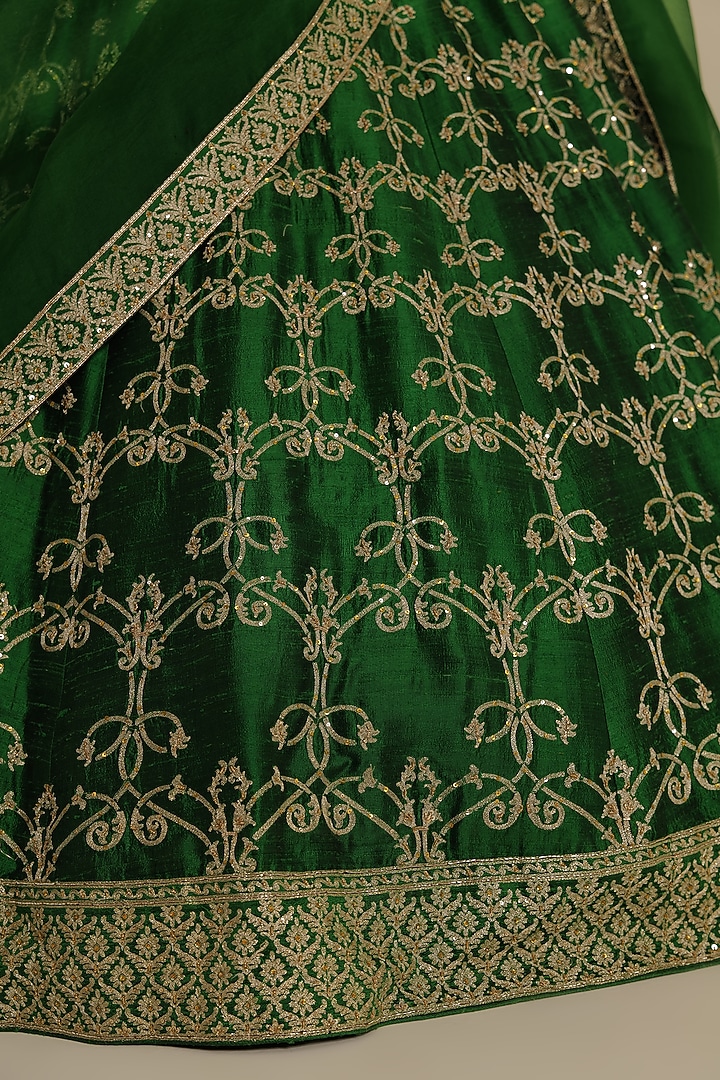 Green Pure Raw Silk Embroidered Bridal Lehenga Set by Taisha at Pernia's Pop Up Shop