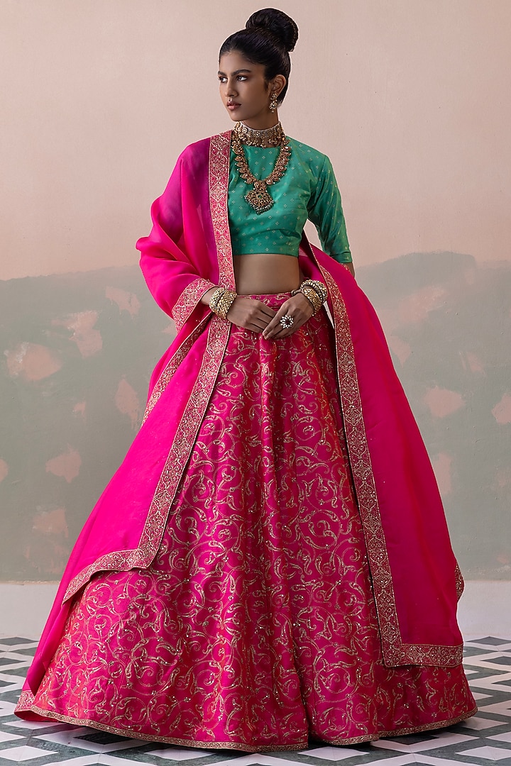 Pink Pure Raw Silk Embroidered Wedding Lehenga Set by Taisha at Pernia's Pop Up Shop