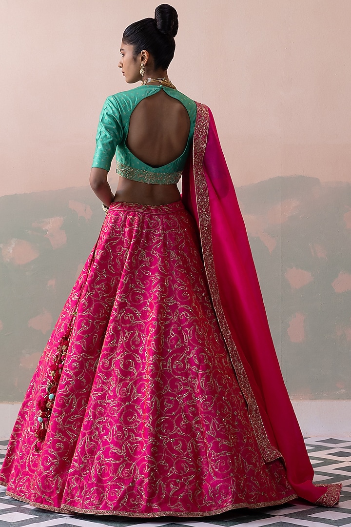 Pink Pure Raw Silk Embroidered Wedding Lehenga Set by Taisha at Pernia's Pop Up Shop