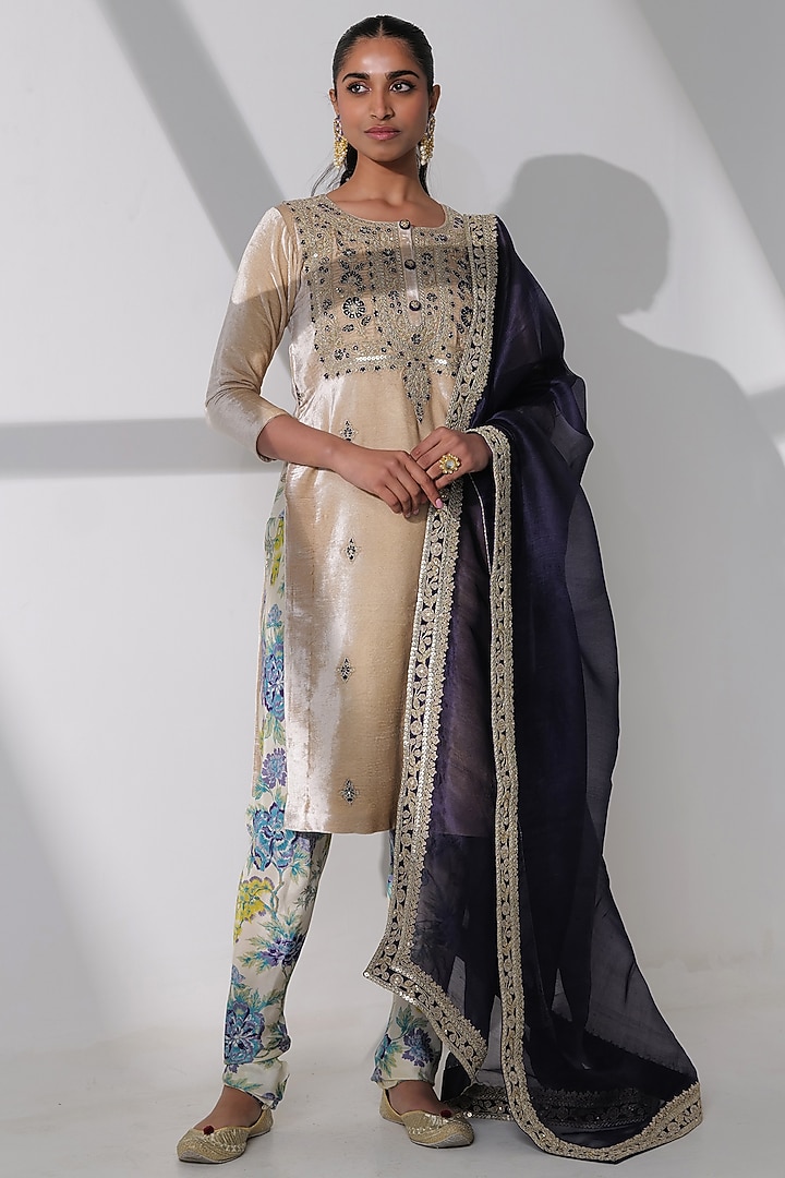 Beige Pure Silk Velvet Hand Embroidered Kurta Set by Taisha at Pernia's Pop Up Shop