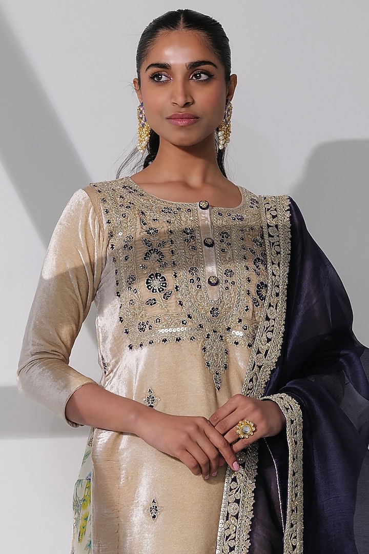 Beige Pure Silk Velvet Hand Embroidered Kurta Set by Taisha at Pernia's Pop Up Shop