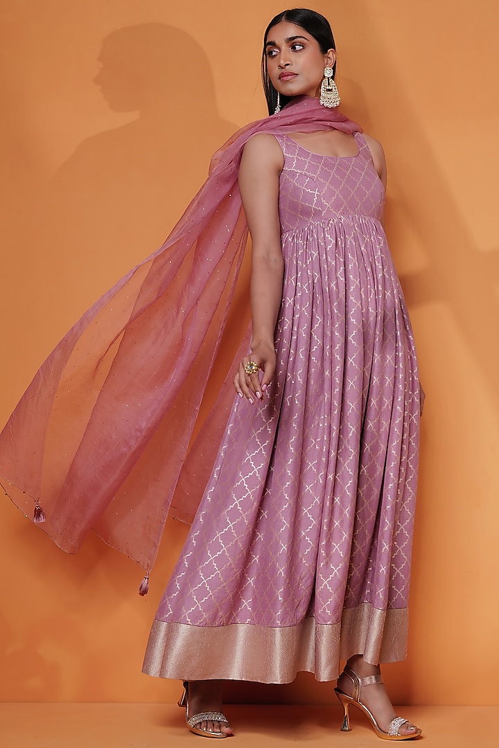 Pink Pure Katan Silk Wedding Anarkali Set by Taisha at Pernia's Pop Up Shop