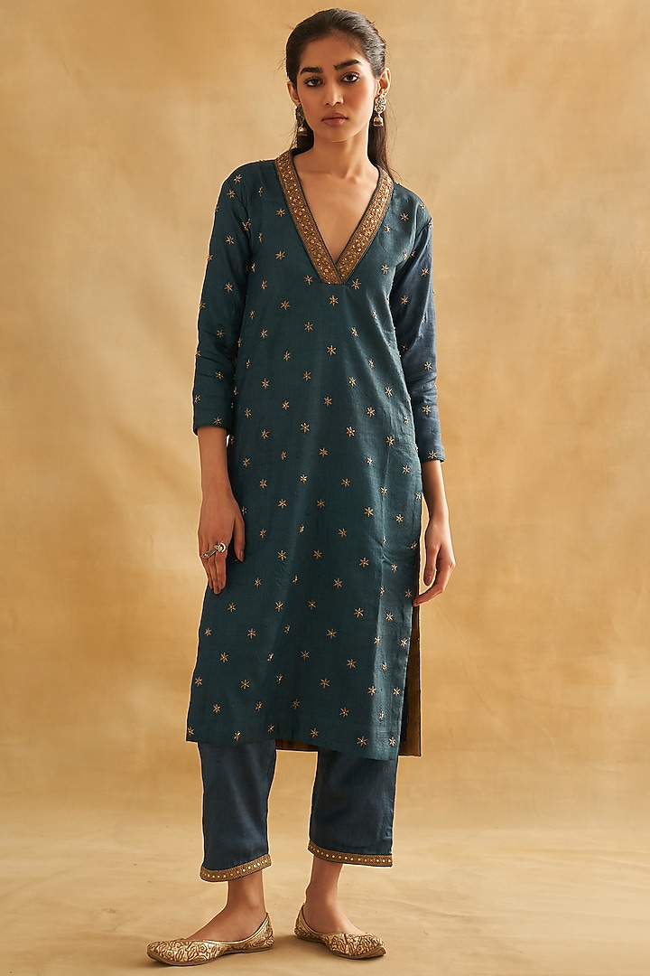 Blue Pure Tussar Silk Embroidered Kurta Set by Taisha at Pernia's Pop Up Shop