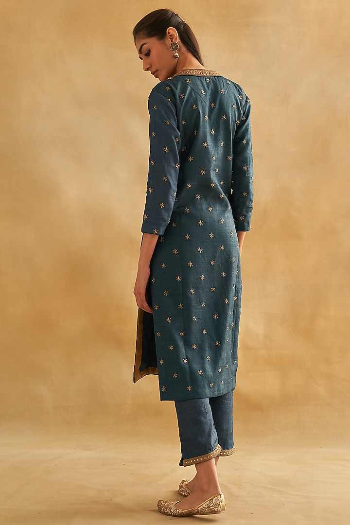 Blue Pure Tussar Silk Embroidered Kurta Set by Taisha at Pernia's Pop Up Shop