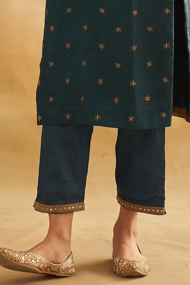 Blue Pure Tussar Silk Embroidered Kurta Set by Taisha at Pernia's Pop Up Shop