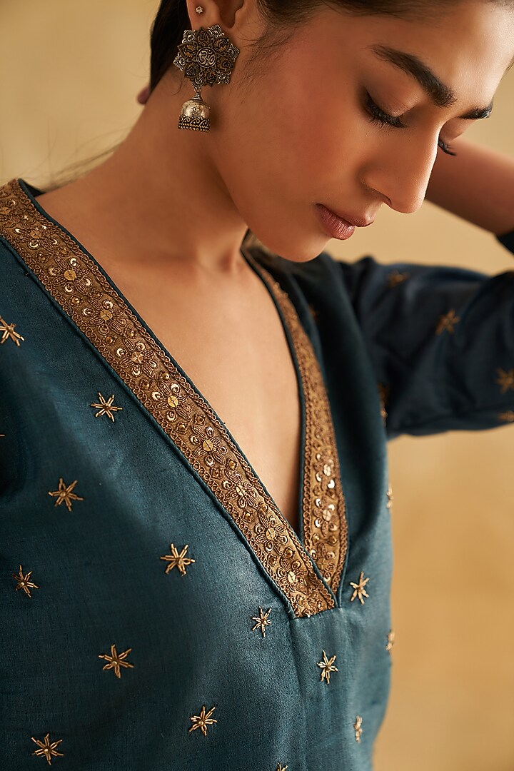 Blue Pure Tussar Silk Embroidered Kurta Set by Taisha at Pernia's Pop Up Shop