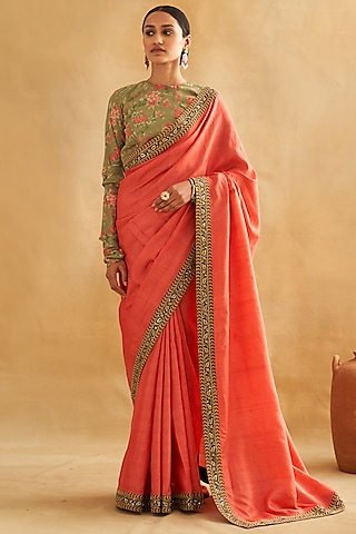 Coral Pure Tussar Silk Hand Embroidered Saree Set by Taisha