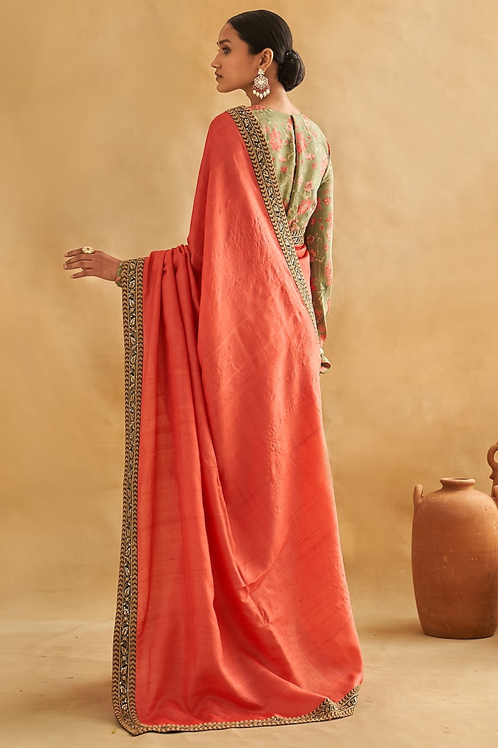 Coral Pure Tussar Silk Hand Embroidered Wedding Saree Set by Taisha at Pernia's Pop Up Shop