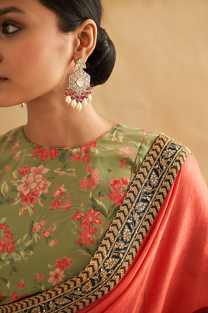 Coral Pure Tussar Silk Hand Embroidered Wedding Saree Set by Taisha at Pernia's Pop Up Shop