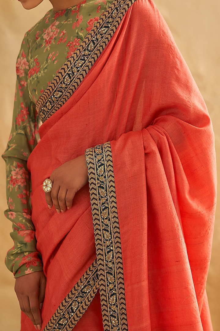 Coral Pure Tussar Silk Hand Embroidered Wedding Saree Set by Taisha at Pernia's Pop Up Shop