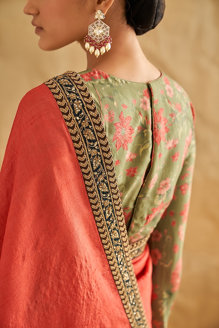 Coral Pure Tussar Silk Hand Embroidered Wedding Saree Set by Taisha at Pernia's Pop Up Shop