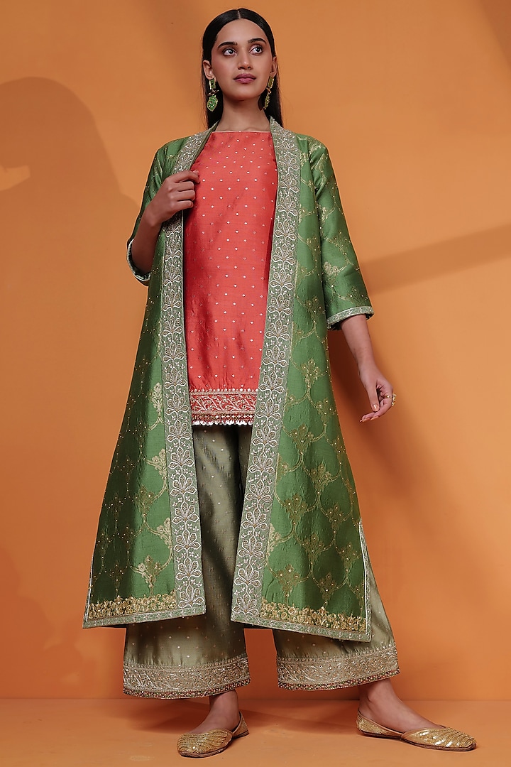 Green Pure Kadhwa Silk Hand Embroidered Jacket Set by Taisha