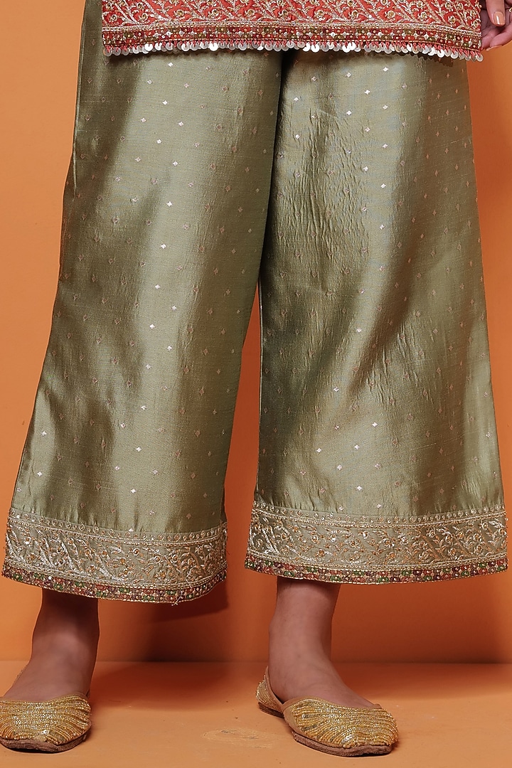 Green Pure Kadhwa Silk Hand Embroidered Jacket Set by Taisha at Pernia's Pop Up Shop