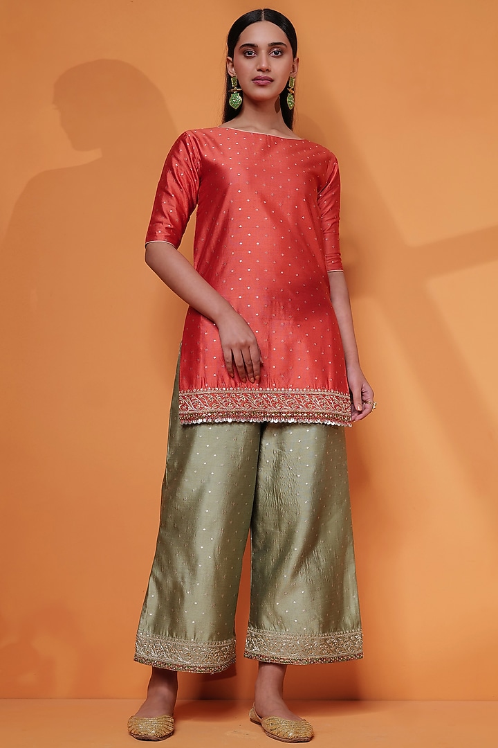 Green Pure Kadhwa Silk Hand Embroidered Jacket Set by Taisha at Pernia's Pop Up Shop