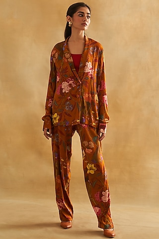 Brown Pure Habutai Silk Printed Jacket Set by Taisha