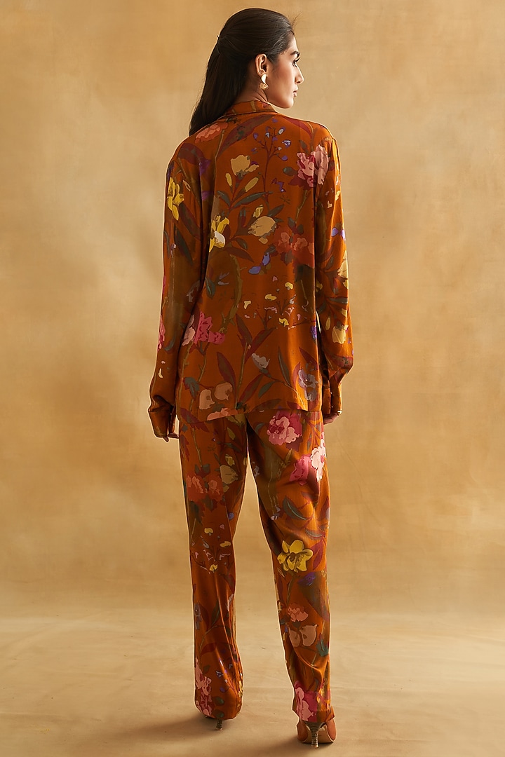 Brown Pure Habutai Silk Printed Jacket Set by Taisha at Pernia's Pop Up Shop