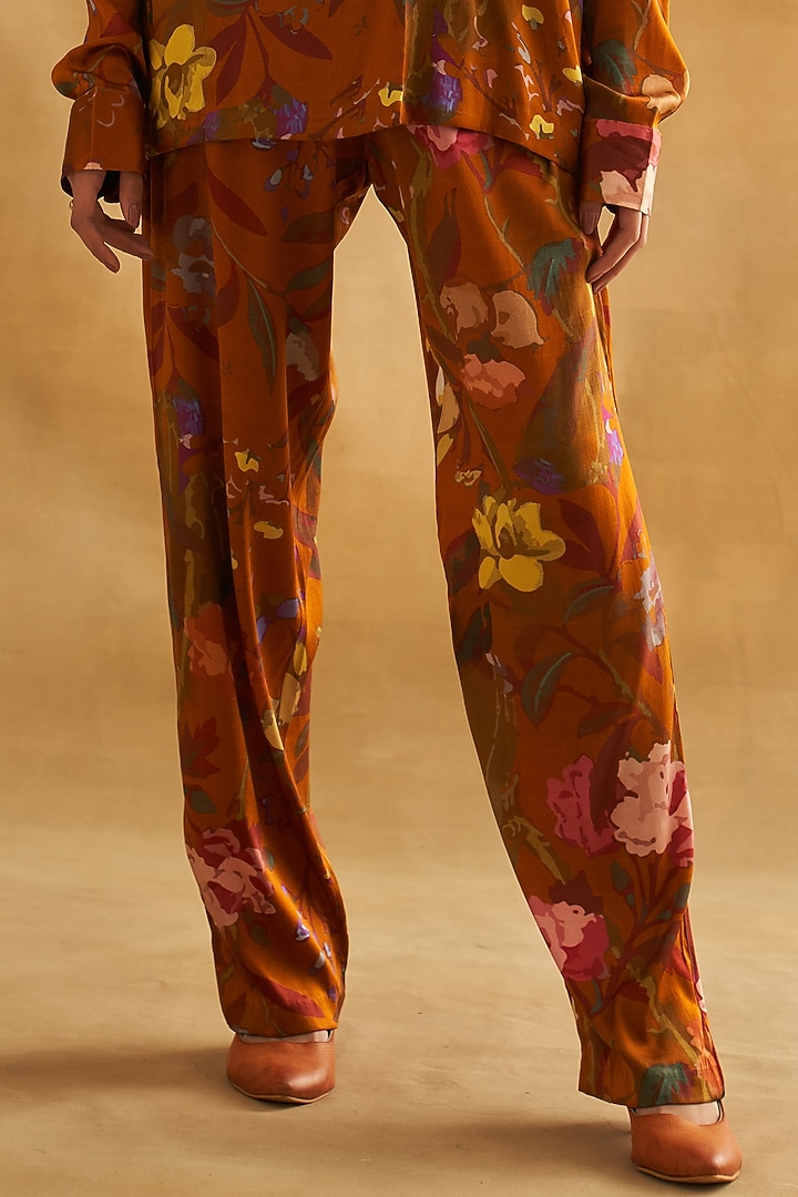 Brown Pure Habutai Silk Printed Jacket Set by Taisha at Pernia's Pop Up Shop