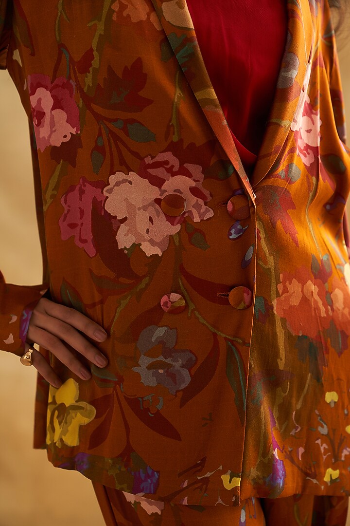 Brown Pure Habutai Silk Printed Jacket Set by Taisha at Pernia's Pop Up Shop