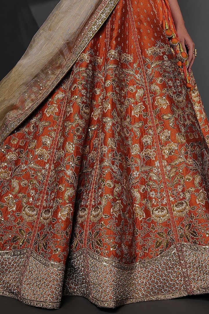 Orange Pure Raw Silk Printed & Embroidered Bridal Lehenga Set by Taisha at Pernia's Pop Up Shop