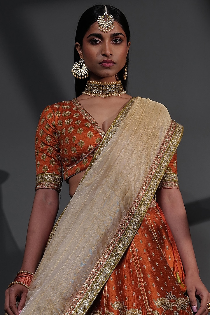 Orange Pure Raw Silk Printed & Embroidered Bridal Lehenga Set by Taisha at Pernia's Pop Up Shop
