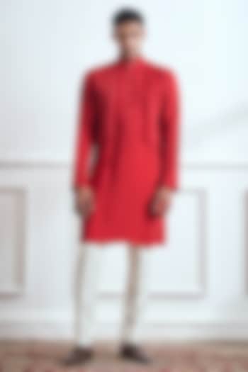 Red Cotton Tussar Embroidered Kurta Set by TAJIRI at Pernia's Pop Up Shop