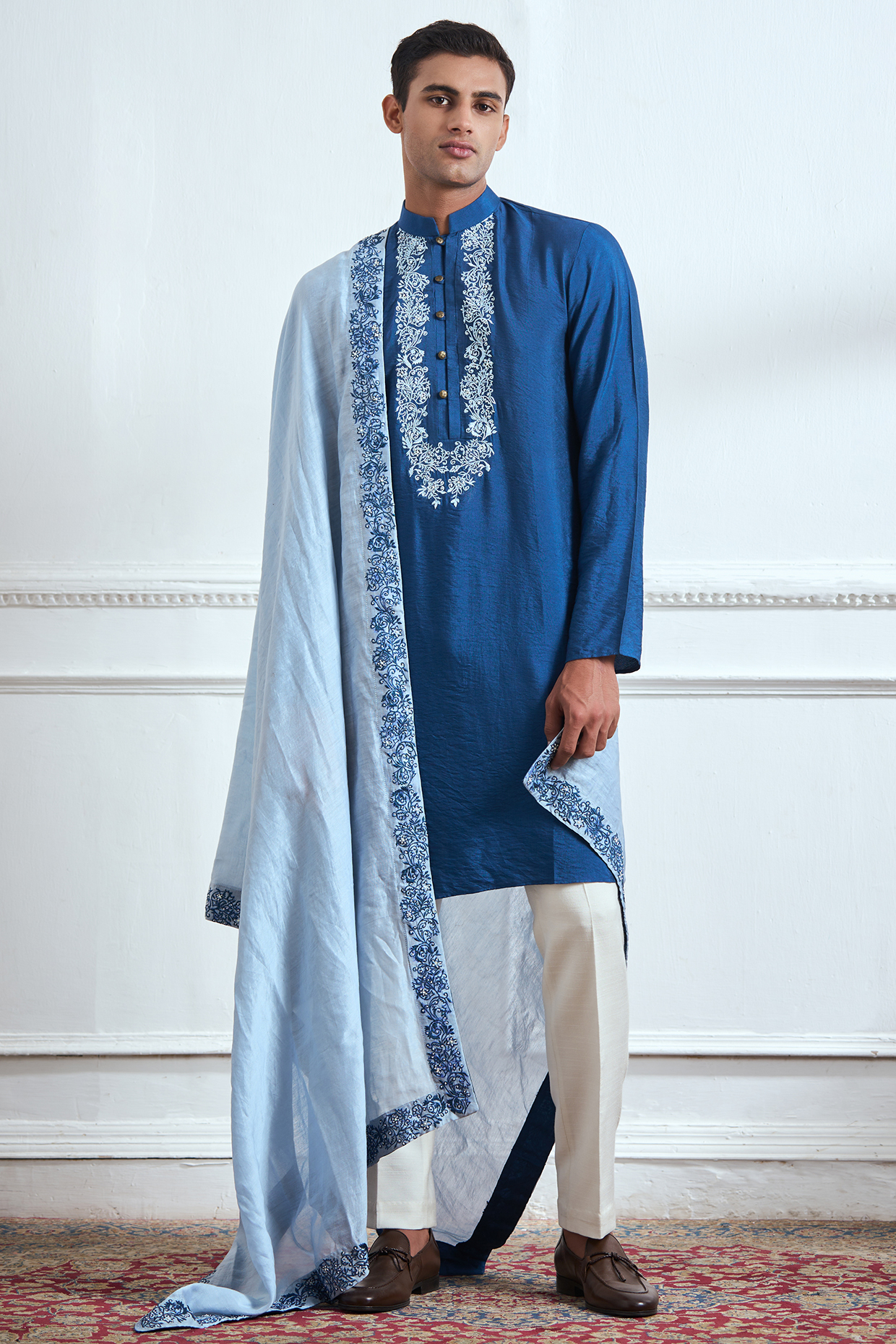 Blue Cotton Tussar Embroidered Kurta Set by TAJIRI