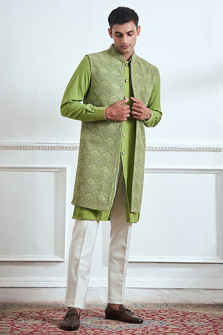 Green Cotton Tussar Embroidered Bundi Jacket With Kurta Set by TAJIRI